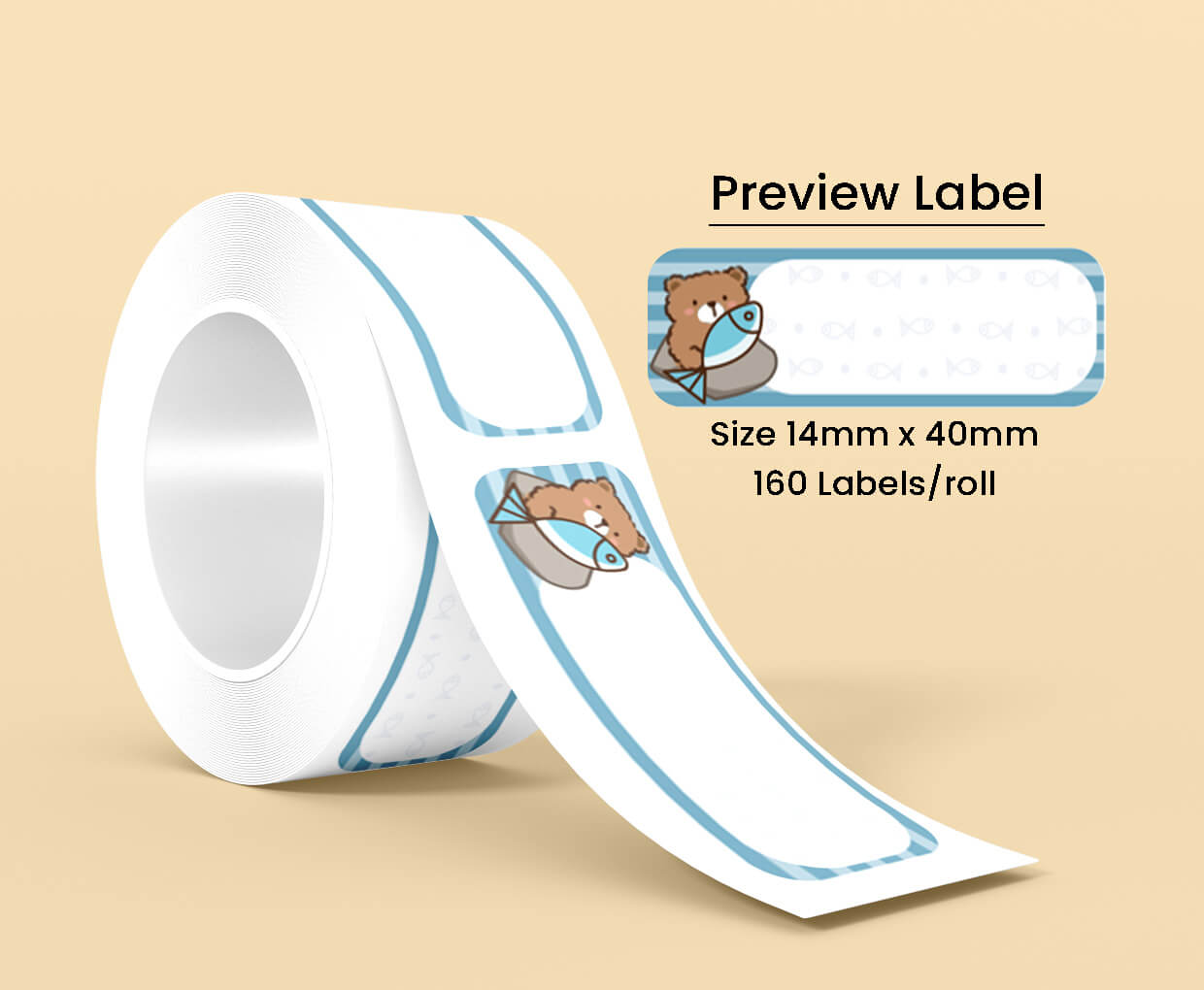 Thermal Label Pattern Bear With Fish 14mm*40mm